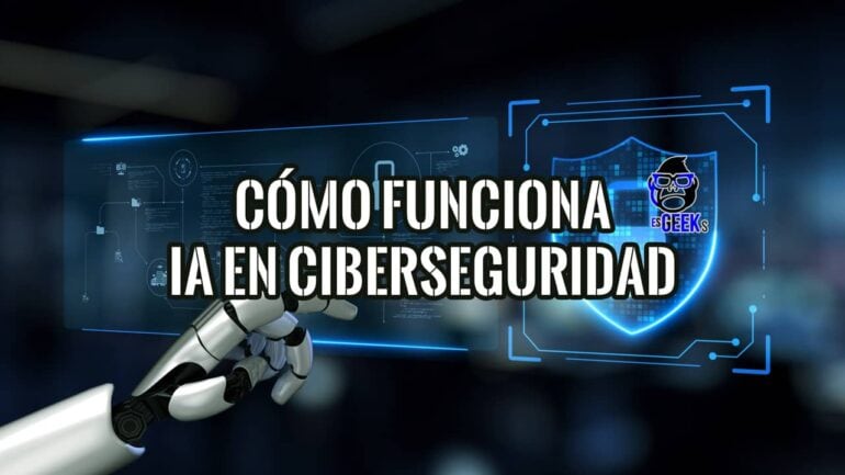 Ilustración futurista de una mano robótica interactuando con una interfaz digital sobre cómo funciona la IA en ciberseguridad.