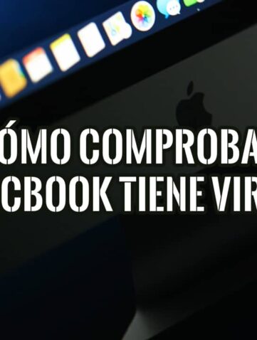 Primer plano de un MacBook con texto superpuesto que pregunta cómo comprobar si tiene virus, con el dock de macOS al fondo.