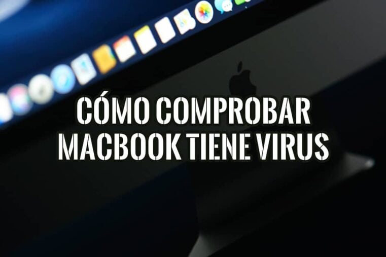 Primer plano de un MacBook con texto superpuesto que pregunta cómo comprobar si tiene virus, con el dock de macOS al fondo.