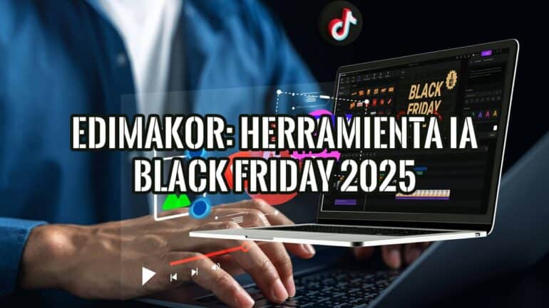 Oferta de Black Friday 2025 de Edimakor, una herramienta de IA para crear video, mostrada en la pantalla de un portátil.