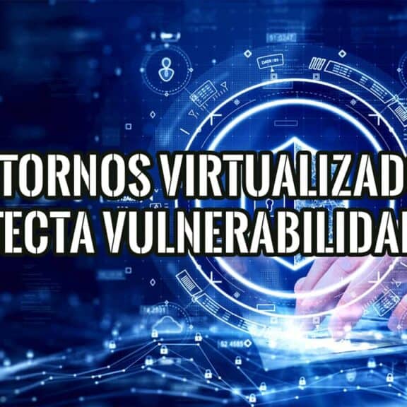 Experto en ciberseguridad analizando una interfaz holográfica para detectar vulnerabilidades en entornos virtualizados.