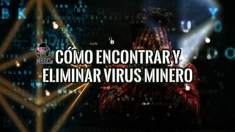 Hombre cubriéndose el rostro con frustración frente a un fondo digital que ilustra cómo encontrar y eliminar un virus minero.