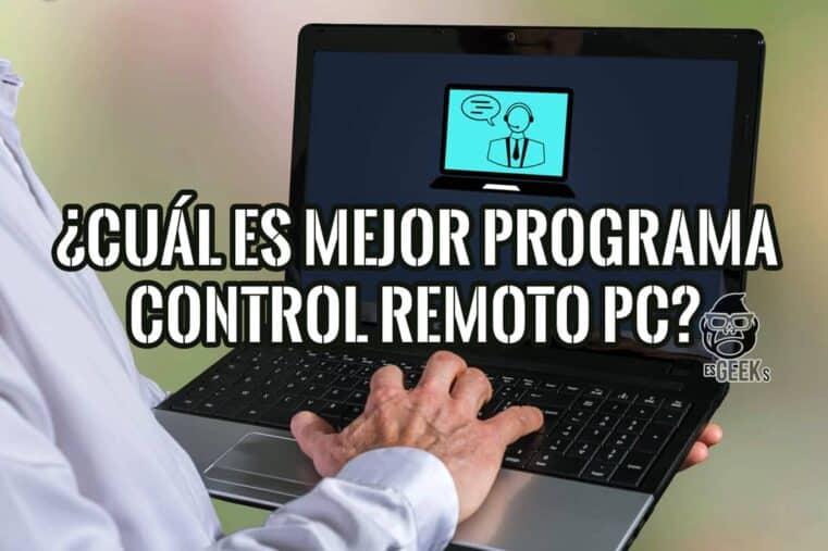 Profesional eligiendo el mejor programa para control remoto de PC en un portátil con icono de soporte técnico.