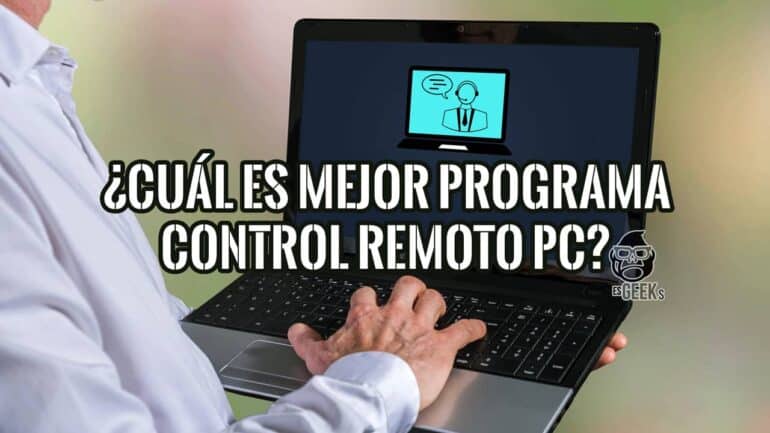 Profesional eligiendo el mejor programa para control remoto de PC en un portátil con icono de soporte técnico.