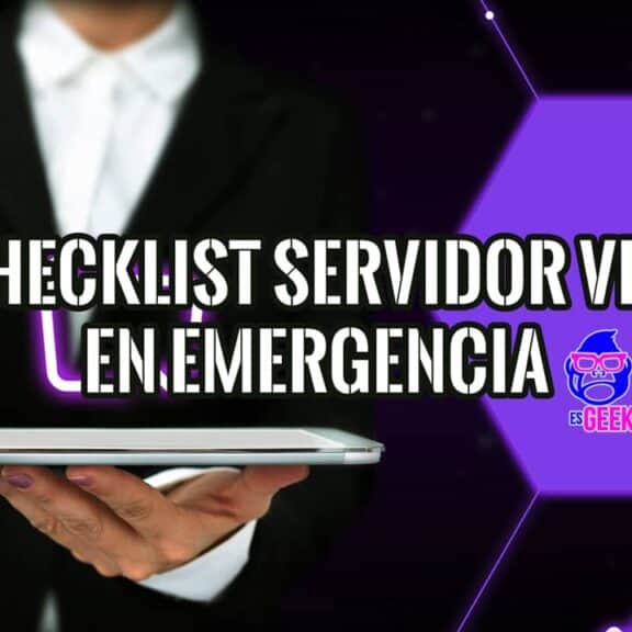 Persona profesional revisando un checklist en una tablet para un servidor VPS en emergencia, con un fondo tecnológico.