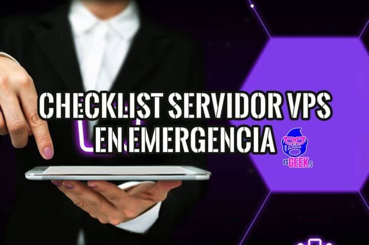 Persona profesional revisando un checklist en una tablet para un servidor VPS en emergencia, con un fondo tecnológico.
