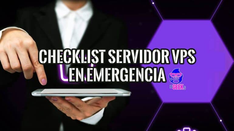 Persona profesional revisando un checklist en una tablet para un servidor VPS en emergencia, con un fondo tecnológico.