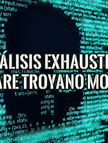 Ilustración conceptual del análisis de malware troyano moderno con líneas de código de programación en un fondo oscuro y digital.