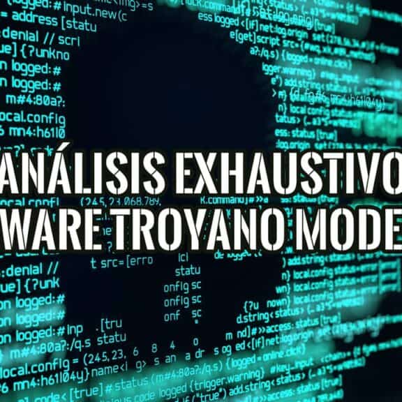 Ilustración conceptual del análisis de malware troyano moderno con líneas de código de programación en un fondo oscuro y digital.