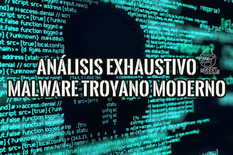 Ilustración conceptual del análisis de malware troyano moderno con líneas de código de programación en un fondo oscuro y digital.
