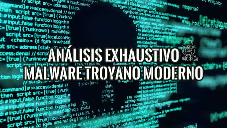 Ilustración conceptual del análisis de malware troyano moderno con líneas de código de programación en un fondo oscuro y digital.