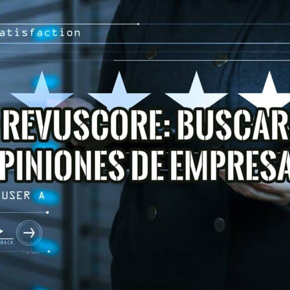 Persona usando la interfaz de Revuscore para buscar opiniones de empresas y consultar la valoración de satisfacción del cliente.