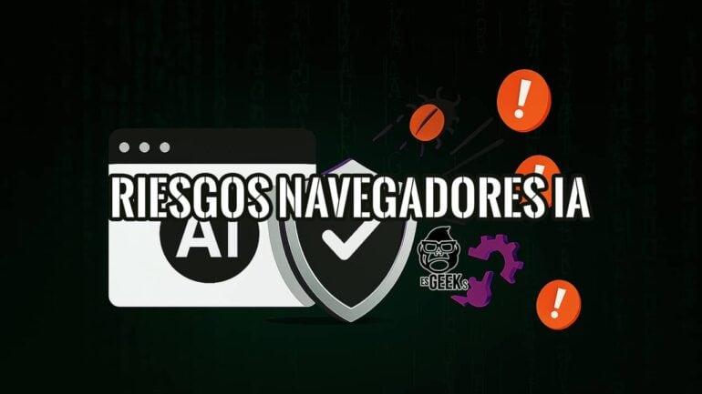 Imagen conceptual de los riesgos de navegadores IA con un escudo de seguridad y alertas de peligro.