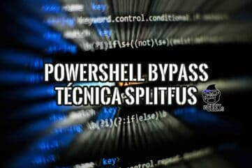 Portada de la guía sobre PowerShell Bypass y la técnica Splitfus, con código de fondo.