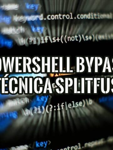 Portada de la guía sobre PowerShell Bypass y la técnica Splitfus, con código de fondo.
