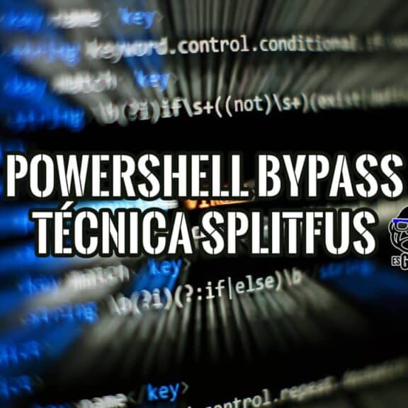 Portada de la guía sobre PowerShell Bypass y la técnica Splitfus, con código de fondo.