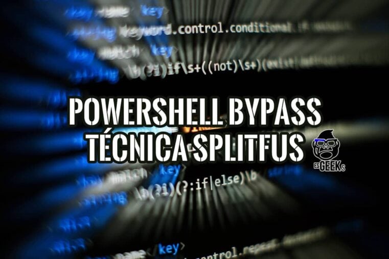 Portada de la guía sobre PowerShell Bypass y la técnica Splitfus, con código de fondo.