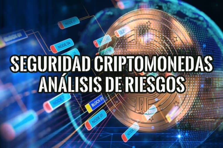 Análisis de riesgos sobre la seguridad de las criptomonedas, ilustrado con una moneda digital sobre una red blockchain.