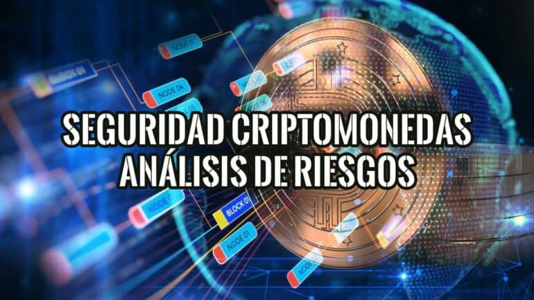 Análisis de riesgos sobre la seguridad de las criptomonedas, ilustrado con una moneda digital sobre una red blockchain.