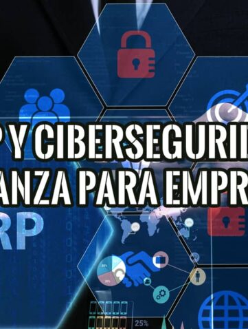 Ilustración de la alianza entre ERP y ciberseguridad con iconos de negocio y seguridad