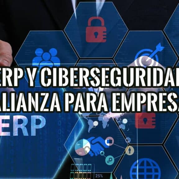 Ilustración de la alianza entre ERP y ciberseguridad con iconos de negocio y seguridad