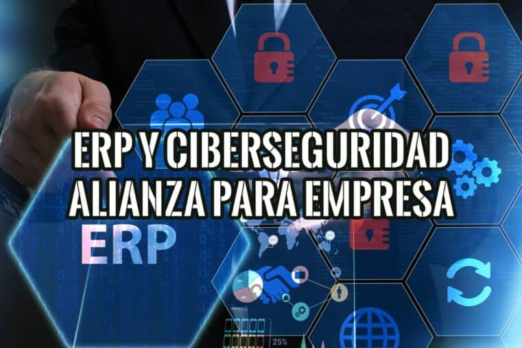 Ilustración de la alianza entre ERP y ciberseguridad con iconos de negocio y seguridad