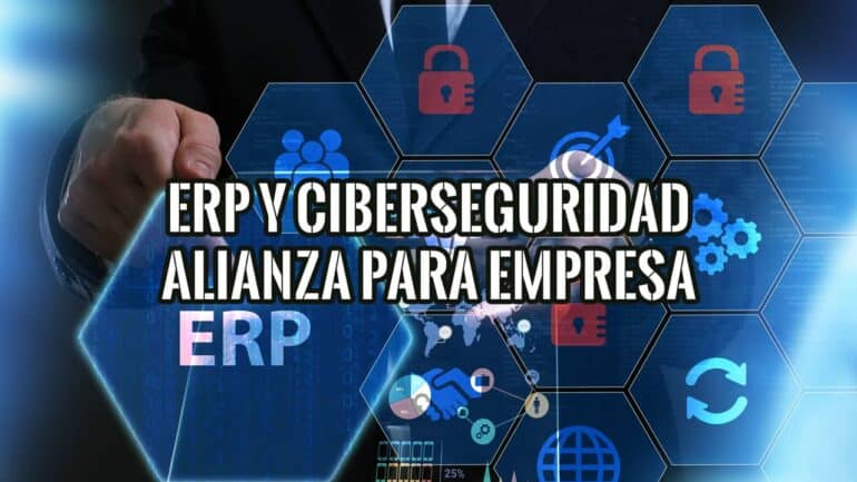 Ilustración de la alianza entre ERP y ciberseguridad con iconos de negocio y seguridad