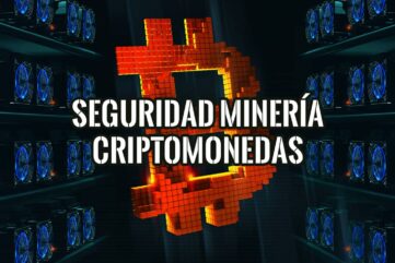 Seguridad en la minería de criptomonedas, ilustrada con un símbolo de Bitcoin y rigs de minería.