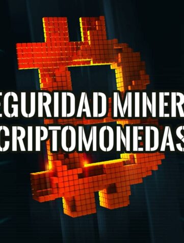 Seguridad en la minería de criptomonedas, ilustrada con un símbolo de Bitcoin y rigs de minería.