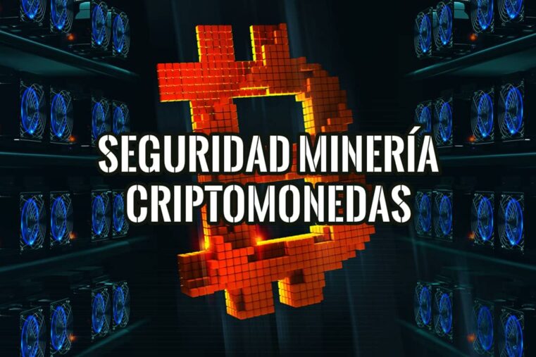 Seguridad en la minería de criptomonedas, ilustrada con un símbolo de Bitcoin y rigs de minería.
