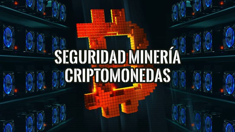 Seguridad en la minería de criptomonedas, ilustrada con un símbolo de Bitcoin y rigs de minería.