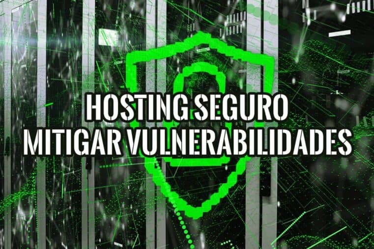 Portada esgeeks.com: Racks servidores con código verde y escudo neón con texto Hosting Seguro Mitigar Vulnerabilidades.