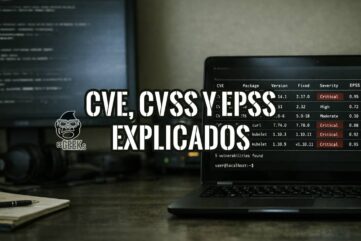 Terminal en laptop mostrando análisis de vulnerabilidades con CVE, CVSS y EPSS en entorno realista de ciberseguridad