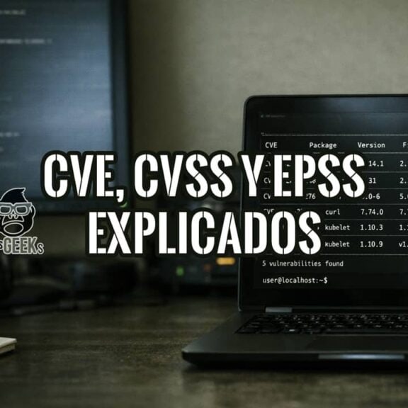Terminal en laptop mostrando análisis de vulnerabilidades con CVE, CVSS y EPSS en entorno realista de ciberseguridad
