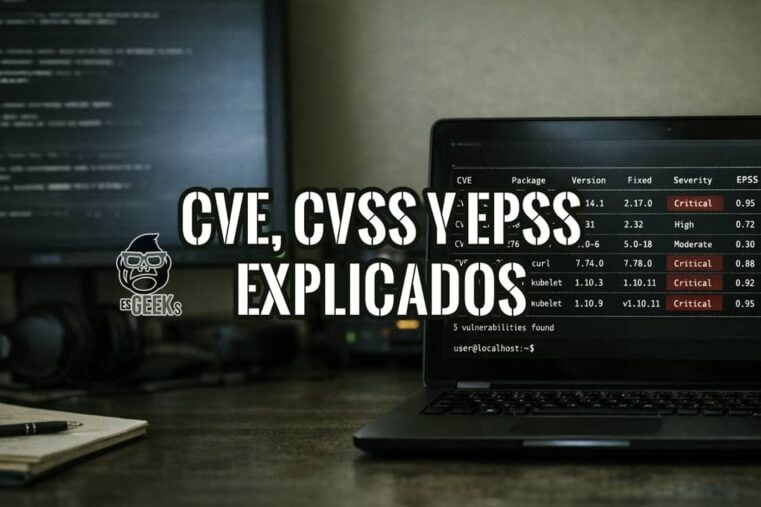 Terminal en laptop mostrando análisis de vulnerabilidades con CVE, CVSS y EPSS en entorno realista de ciberseguridad