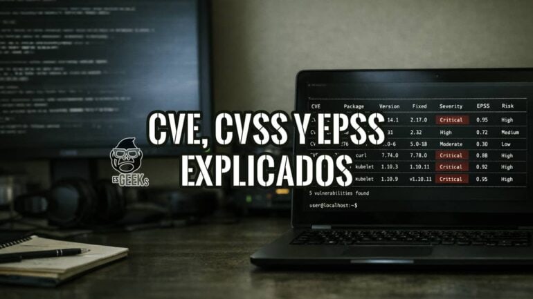 Terminal en laptop mostrando análisis de vulnerabilidades con CVE, CVSS y EPSS en entorno realista de ciberseguridad