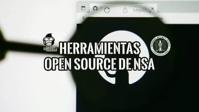 Logo de GitHub bajo lupa junto al sello oficial de la NSA: herramientas open source de la NSA