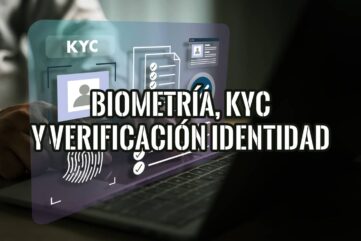Laptop y manos escribiendo con overlay de biometría, KYC, huella dactilar y verificación de identidad