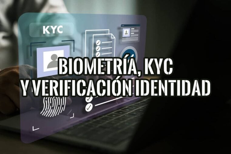 Laptop y manos escribiendo con overlay de biometría, KYC, huella dactilar y verificación de identidad