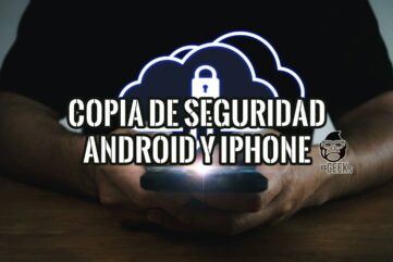 Manos con un smartphone y un icono de nube con candado y flechas: copia de seguridad del móvil en la nube