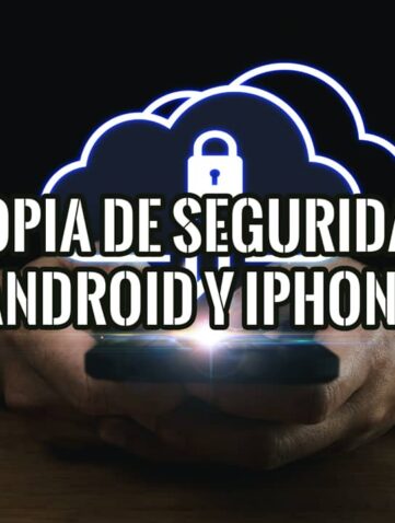 Manos con un smartphone y un icono de nube con candado y flechas: copia de seguridad del móvil en la nube