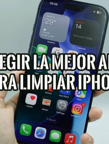 Mano sosteniendo un iPhone con la pantalla de inicio llena de apps, al elegir una app para limpiar el iPhone