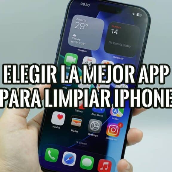 Mano sosteniendo un iPhone con la pantalla de inicio llena de apps, al elegir una app para limpiar el iPhone