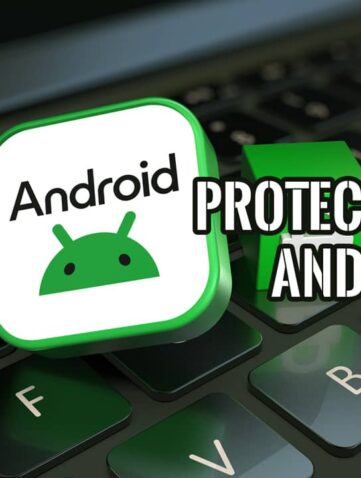 Logo de Android junto a un candado verde sobre el teclado de un portátil, con el texto Protección Android.