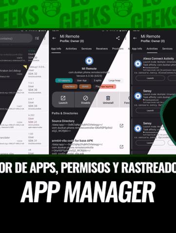 App Manager en Android mostrando la lista de apps, la ficha con 12 rastreadores y las actividades de una app