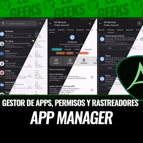 App Manager en Android mostrando la lista de apps, la ficha con 12 rastreadores y las actividades de una app