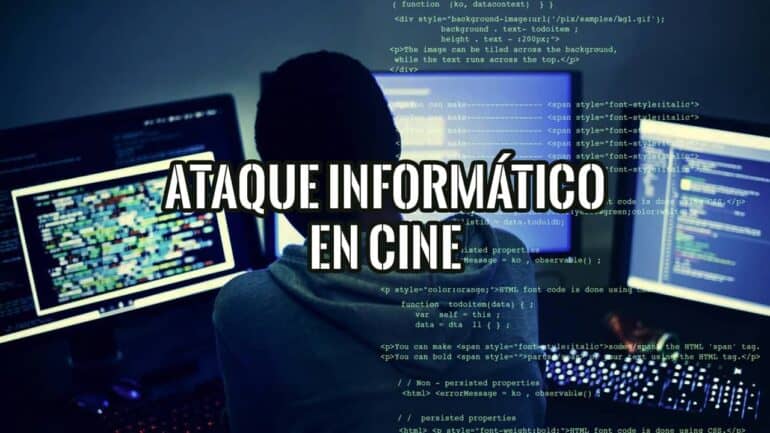 Hacker encapuchado frente a varias pantallas con código, el cliché del ataque informático en el cine