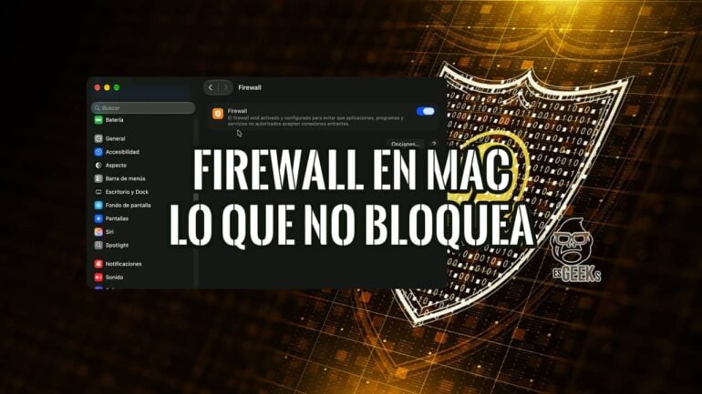 Panel de Firewall en Mac activado en Ajustes del Sistema, con el aviso de Apple sobre las conexiones entrantes