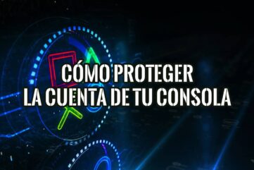 Símbolos de mando y fondo tecnológico ilustran cómo proteger la cuenta de tu consola