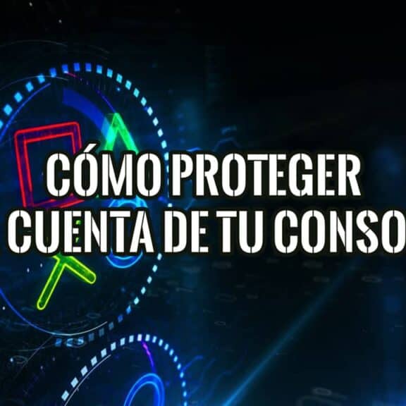 Símbolos de mando y fondo tecnológico ilustran cómo proteger la cuenta de tu consola